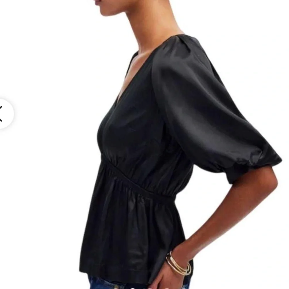 Madewell Shirt - black “Shirred Puff-Sleeve Top in Satin”